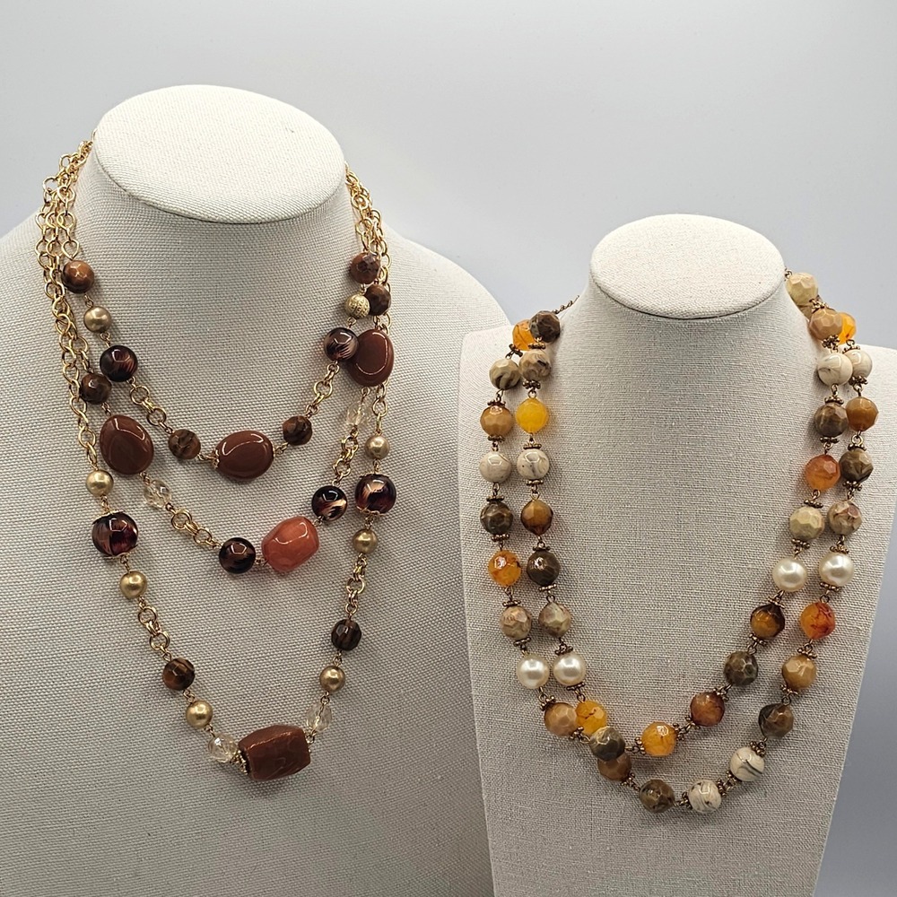 2 Beaded Boho Necklaces Rhinestone Earthy Gold Tone Multi Strand Layered Brown